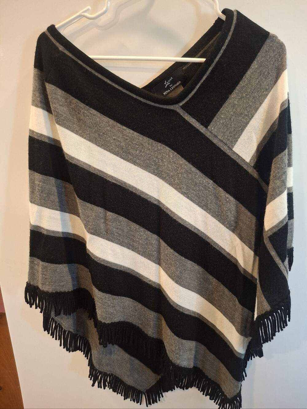 Zara Black, Gray & Cream Striped Fringe Poncho